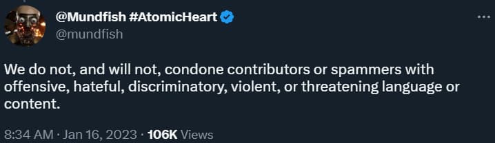 Mundfish condemn "contributors or spammers" that make hateful or threatening content when discussing the Ukraine-Russia conflict via Twitter