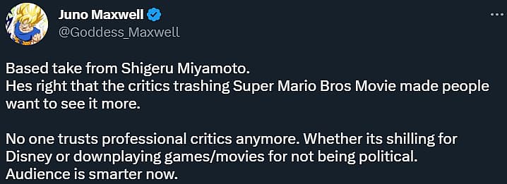 Goddess_Maxwell champions Miyamoto on The Super Mario Bros. Movie critics' rejection via Twitter