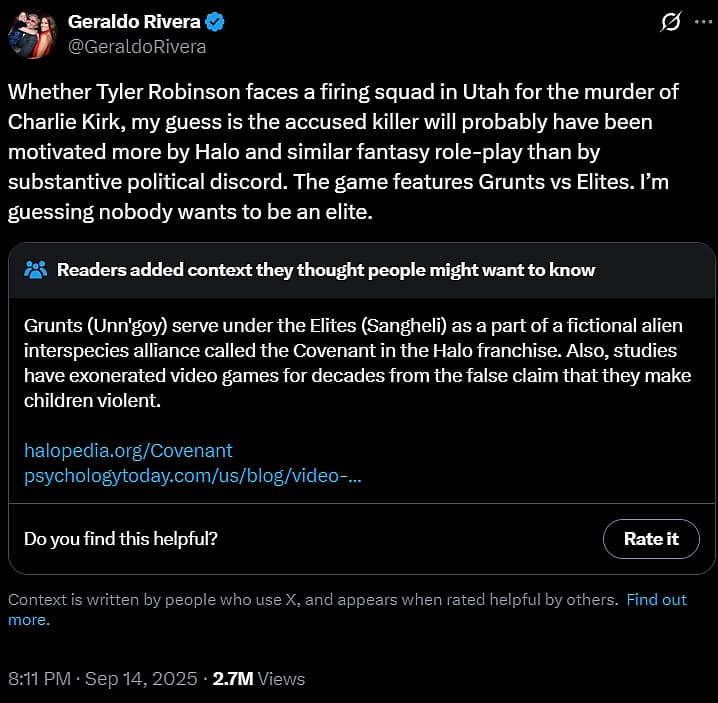 Geraldo Rivera claims Charlie Kirk assassin Tyler Robinson was motivated by video game Halo via X