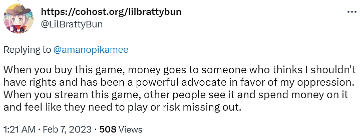 LilBrattyBun insists Pikamee financially supports "oppression" for playing Hogwarts Legacy via Twitter