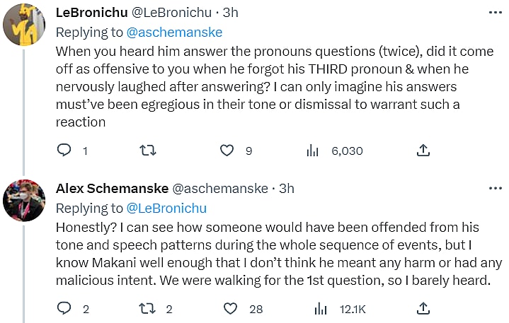 Archive link Alex Schemanske proposes Makani Tran's "tone and speech patterns" could have been misconstrued as offensive via Twitter