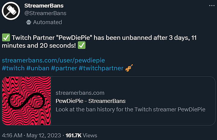 StreamerBans reports that PewDiePie had his Twitch ban lifted via Twitter