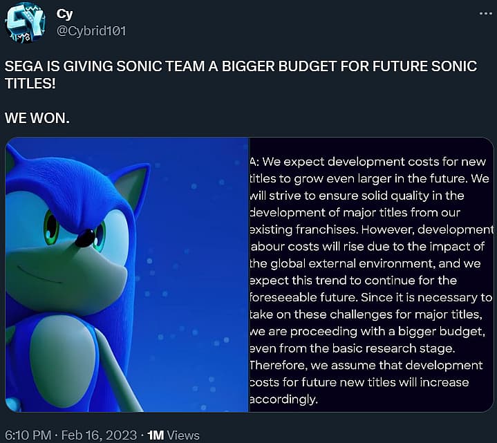Cybrid101 overjoyed that Sonic Team will be getting a larger budget via Twitter