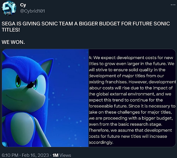 Cybrid101 overjoyed that Sonic Team will be getting a larger budget via Twitter