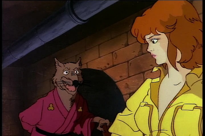 Master Splinter (Peter Renaday) makes the acquaintance of April O'Neil (Renae Jacobs) in Teenage Mutant Ninja Turtles Season 1 Episode 1 "Turtle Tracks" (1987), Toei Animation
