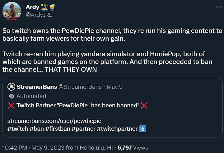 ArdyIRL theorizes a clip of a banned game is what got PewDiePie banned on Twitch via Twitter