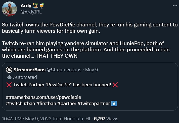 ArdyIRL theorizes a clip of a banned game is what got PewDiePie banned on Twitch via Twitter
