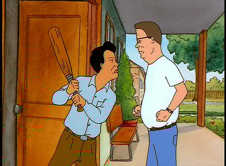 Kahn (Toby Huss) and Hank (Mike Judge) nearly come to blows over their respective dogs in King of the Hill Season 1 Episode 7 "Westie Side Story" (1997), Fox
