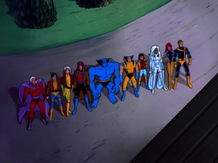 The titular team - Morph (Ron Rubin) included - look on as Professor Xavier (Cedric Smith) departs for Shi'ar space in X-Men: The Animated Series Season 5 Episode 10 "Graduation Day" (1997), Marvel Entertainment