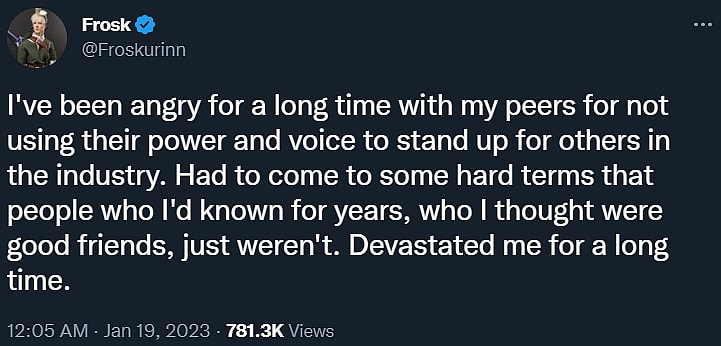 Archive Link Indiana "Frosk" Black alludes to her friends not "standing up" for others in "the industry" via Twitter