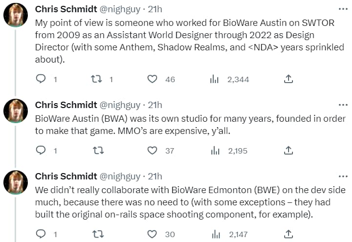 Archive Link Chris Schmidt discusses development of Star Wars: The Old Republic via Twitter