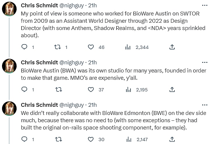 Archive Link Chris Schmidt discusses development of Star Wars: The Old Republic via Twitter