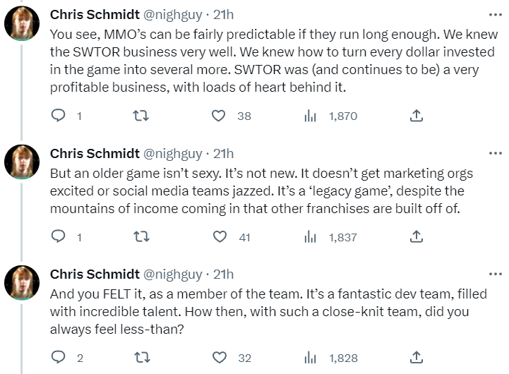 Archive Link Chris Schmidt discusses how developers of Star Wars: The Old Republic felt rejected via Twitter
