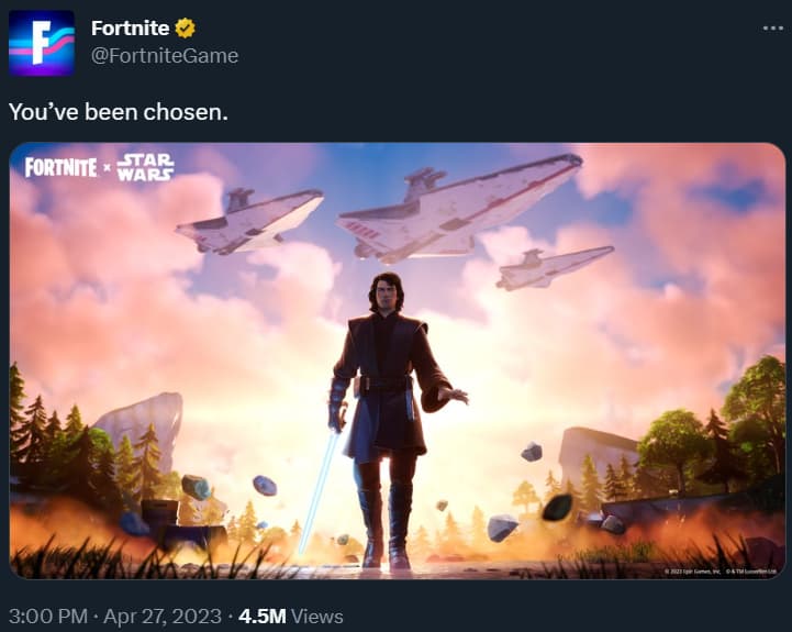 Epic Games promotes Anakin Skywalker coming to Fortnite via Twitter