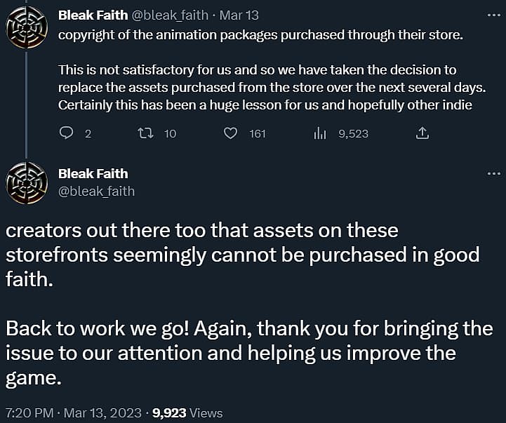 Archangel Studios will replace animations for Bleak Faith: Forsaken and condemn the Epic Marketplace