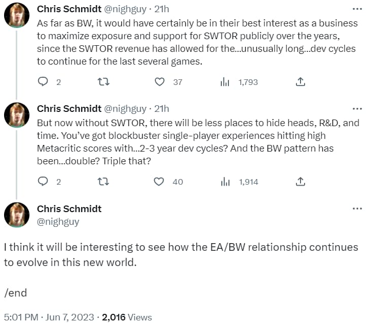 Archive Link Chris Schmidt explains how BioWare may be in trouble without Star Wars: The Old Republic via Twitter