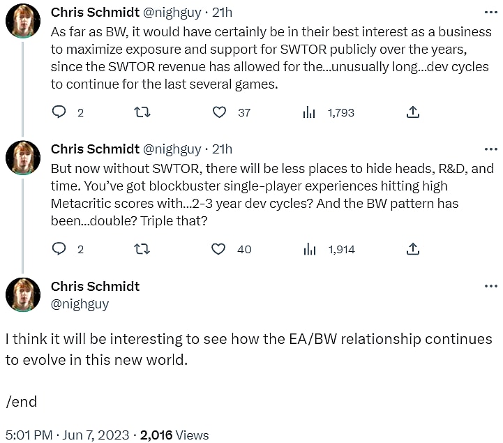 Archive Link Chris Schmidt explains how BioWare may be in trouble without Star Wars: The Old Republic via Twitter
