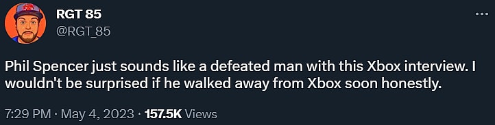 RGT_85 felt Phil Spencer interview defending Redfall only made him sound like "a defeated man" via Twitter