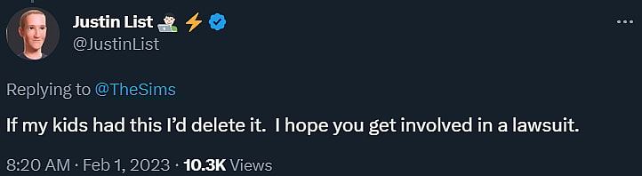 @JustinList condemns The Sims 4 adding top surgery scars, hoping EA will be sued via Twitter