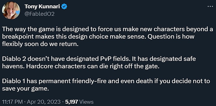Tony Kunnari explains how Diablo IV's Hardcore PvP permadeath is fitting, but steps away from the series' past via Twitter