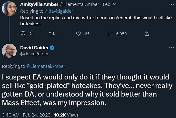 ElementalAmber and David Gaider discuss a potential Dragon Age: Origins remaster and EA's relationship with the series via Twitter