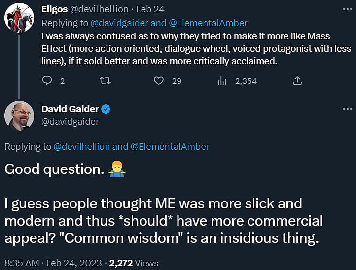 Devilhellion and David Gaider discuss EA's attempt to make Dragon Age like Mass Effect via Twitter