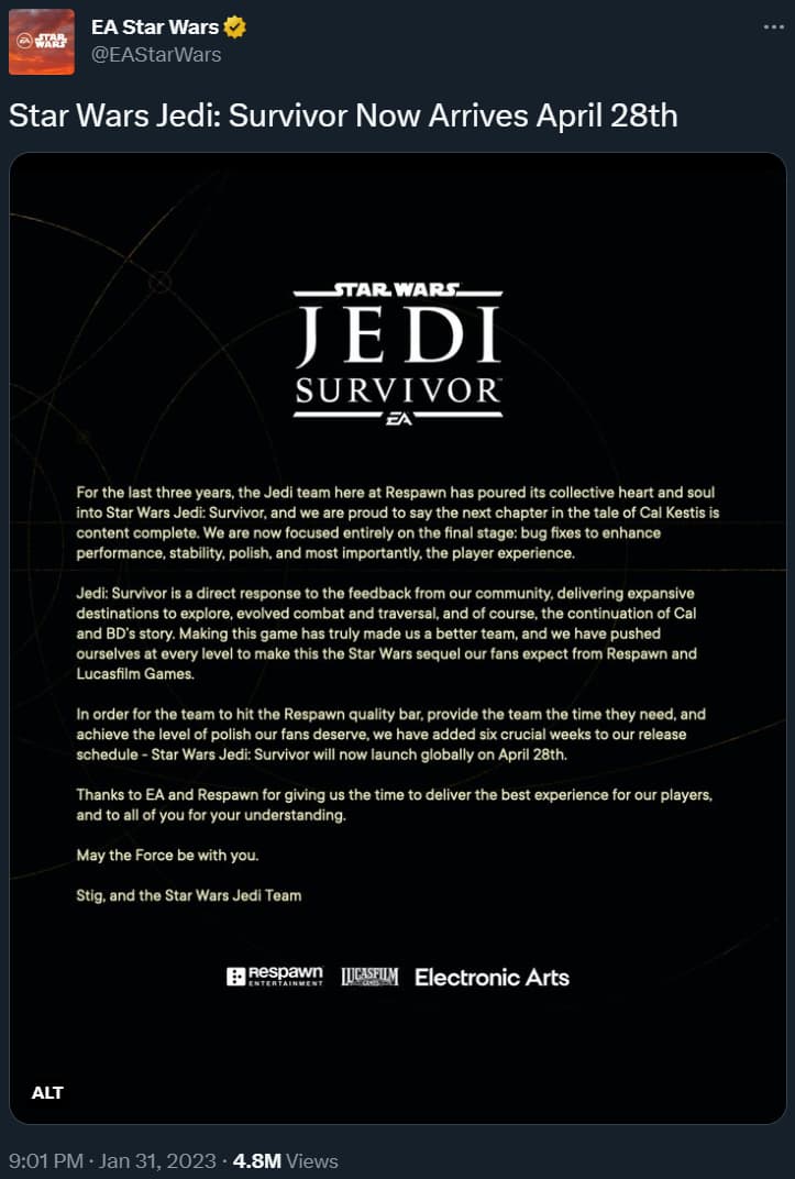 EA announces Star Wars Jedi: Survivor has been delayed to April 28th via Twitter