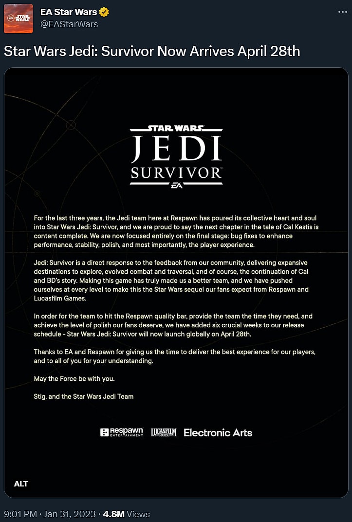 EA announces Star Wars Jedi: Survivor has been delayed to April 28th via Twitter