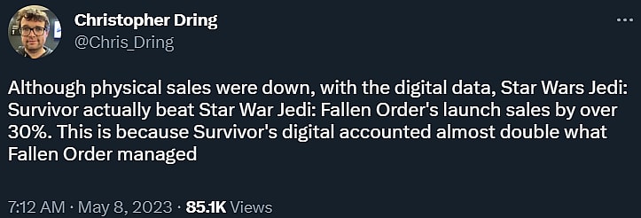 Christopher Dring emphasizes that Star Wars Jedi: Fallen Order digital launch sales were greater than its predecessor via Twitter