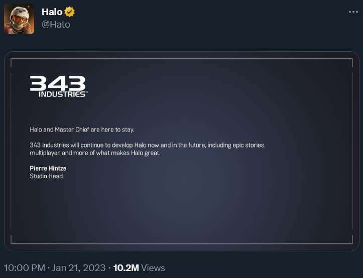 343 Industries Studio Head Pierre Hintze insists the company and the Halo series are fine after layoffs via Twitter