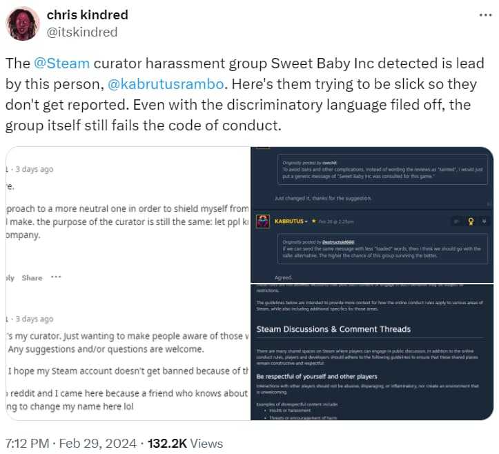 Archive link Chris Kindred accuses the Sweet Baby Inc detected Steam Curator of attempting to avoid bans, and still in violation of their ToS via Twitter