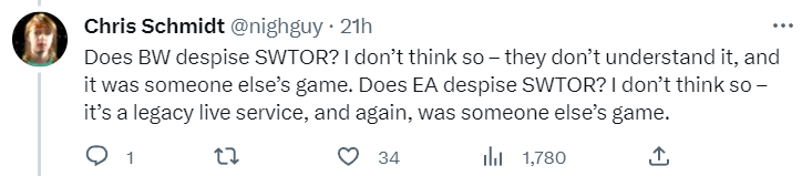 Archive Link Chris Schmidt discusses the disconnect between BioWare and EA towards Star Wars: The Old Republic via Twitter
