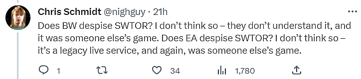 Archive Link Chris Schmidt discusses the disconnect between BioWare and EA towards Star Wars: The Old Republic via Twitter