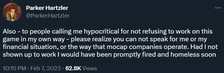 Parker Hartzler explains needing to work on Hogwarts Legacy and not condoning J.K. Rowling is not hypocritical via Twitter