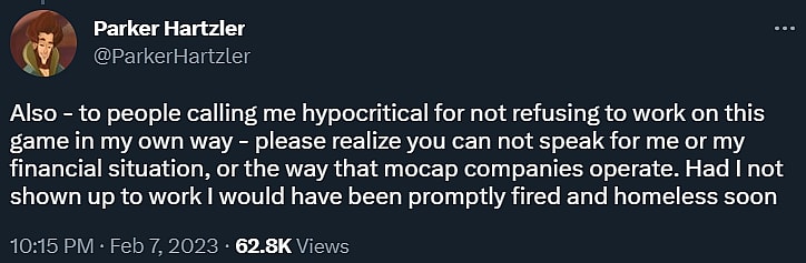 Parker Hartzler explains needing to work on Hogwarts Legacy and not condoning J.K. Rowling is not hypocritical via Twitter