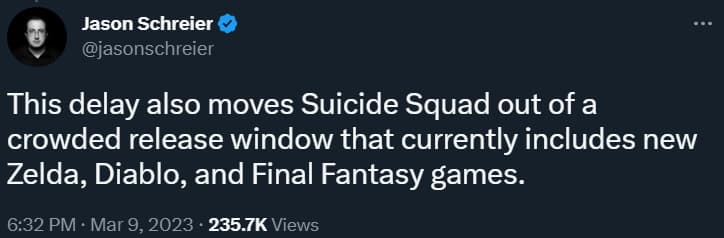Jason Schreier notes that the alleged delay for Suicide Squad: Kill the Justice League gives it some breathing room via Twitter