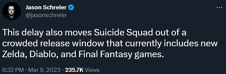 Jason Schreier notes that the alleged delay for Suicide Squad: Kill the Justice League gives it some breathing room via Twitter