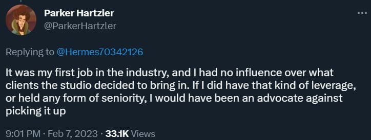 Parker Hartzler explains he had no choice in working on Hogwarts Legacy via Twitter