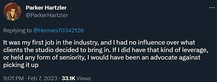 Parker Hartzler explains he had no choice in working on Hogwarts Legacy via Twitter