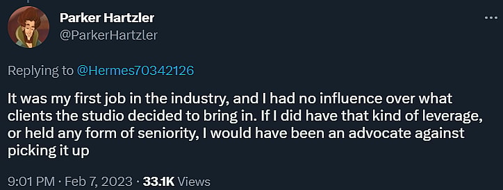 Parker Hartzler explains he had no choice in working on Hogwarts Legacy via Twitter