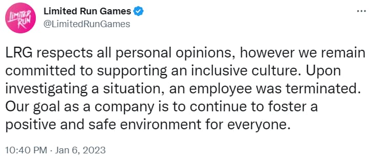 Archive link Limited Run Games confirmed they have fired community manager Kara Lynne via Twitter