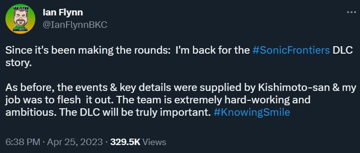Ian Flynn confirms his return for the Sonic Frontiers DLC, and the importance of its story via Twitter