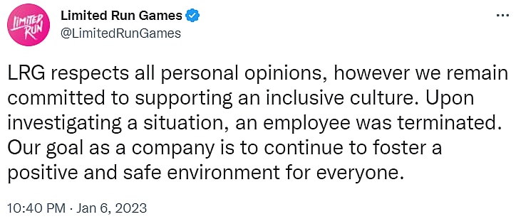 Archive link Limited Run Games confirmed they have fired community manager Kara Lynne via Twitter