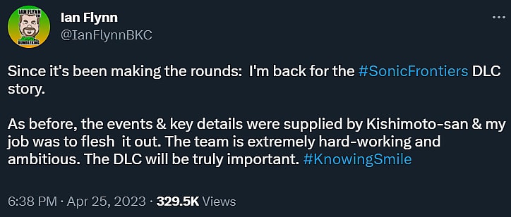 Ian Flynn confirms his return for the Sonic Frontiers DLC, and the importance of its story via Twitter