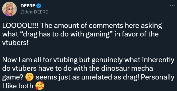 Deere justifies the Capcom USA Exoprimal livestream featuring drag queens as being as legitimate as vtubers being sponsored to play the game via Twitter