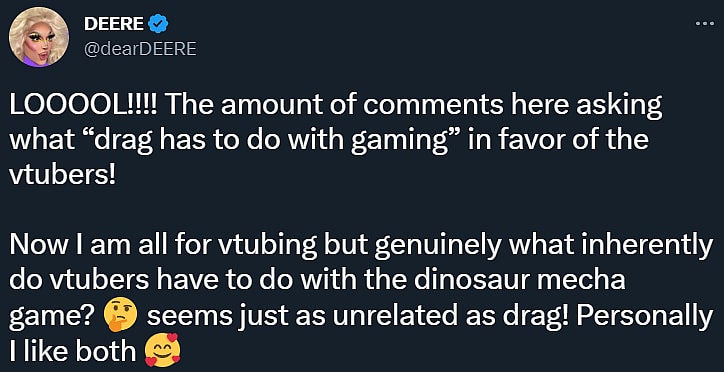 Deere justifies the Capcom USA Exoprimal livestream featuring drag queens as being as legitimate as vtubers being sponsored to play the game via Twitter