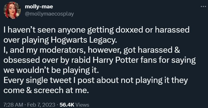 mollymaecosplay claims to have seen no harassment of streamers playing Hogwarts Legacy via Twitter.