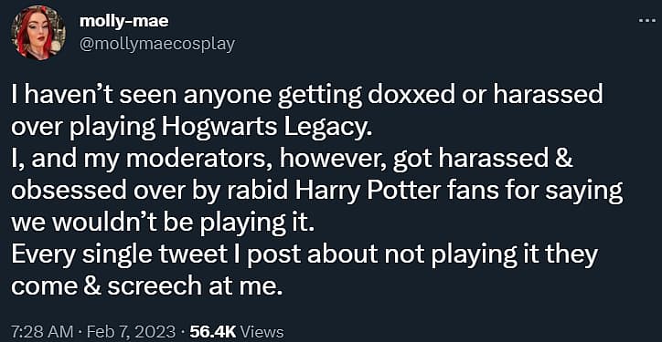 mollymaecosplay claims to have seen no harassment of streamers playing Hogwarts Legacy via Twitter.