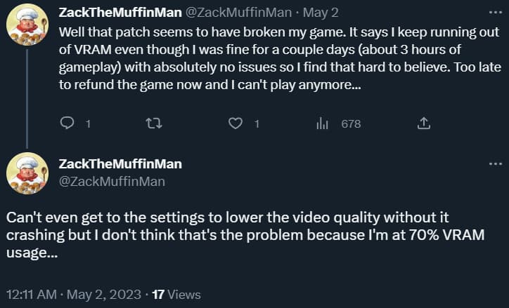 ZackMuffinMan says the recent Star Wars Jedi: Survivor patch has "broken" the game and is using all his VRAM via Twitter