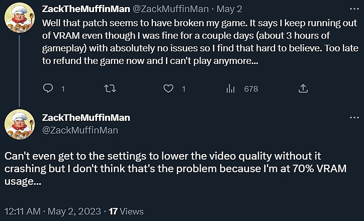 ZackMuffinMan says the recent Star Wars Jedi: Survivor patch has "broken" the game and is using all his VRAM via Twitter